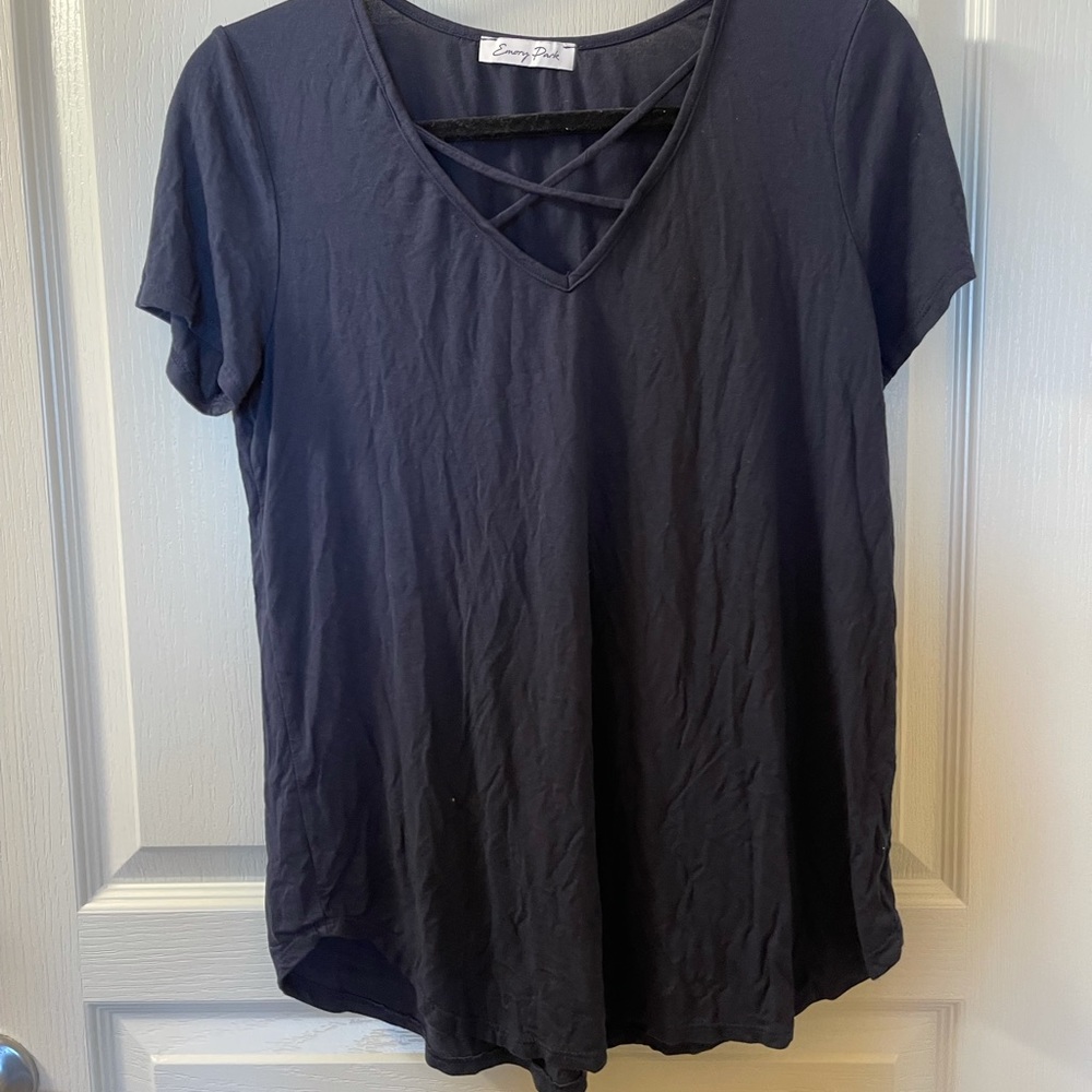 cotton navy babydoll shirt with criss cross front